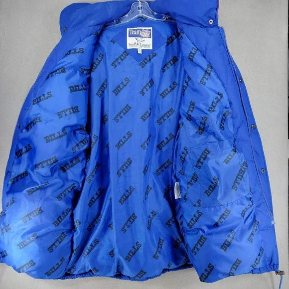 FLAWS** Vintage 90s Buffalo Bills NFL Jacket XL Parka Triple FAT‎ Goose Blue Red